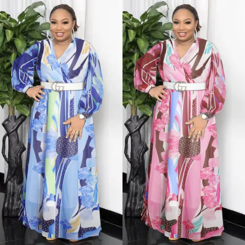 Women's chiffon V-neck printing large hem long sleeve dress