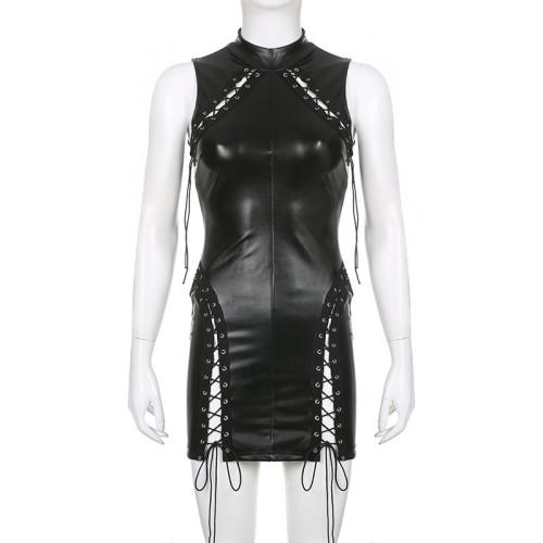 Women's sexy hollow corns lace up dress tight hip bag leather skirt