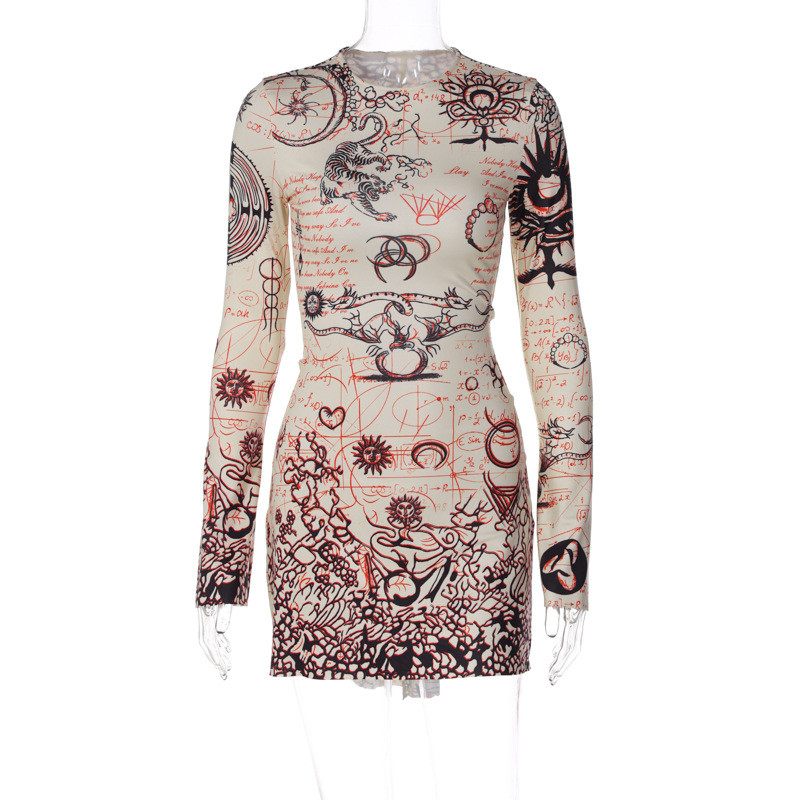 Vintage printed round neck long sleeve lace up dress