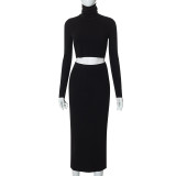 Sexy open navel long sleeve celebrity suit hip wrap skirt two-piece set