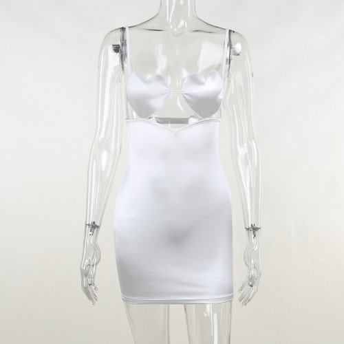 Sexy Love Chest Cup Hollow out Satin Strap Hip Wrap Dress Slim Spice Girl Backless Dress