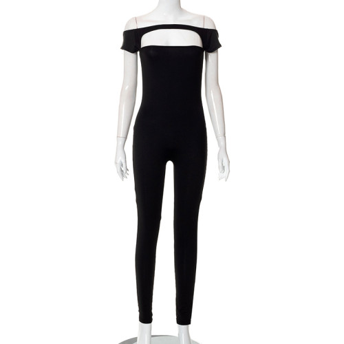 Off shoulder short sleeve slim fit sports casual trousers jumpsuit