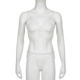 Mesh splicing button perspective sexy pure desire triangle cup shaping bra+high waist briefs two-piece set