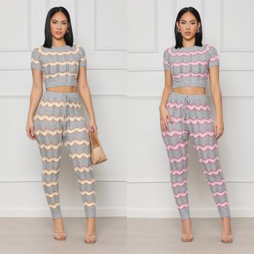 Color blocking wool woven suit wave pattern tight knit two-piece set