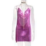 Open backed sequin suspender V-neck neck with diamond chain nightclub slit dress YX627