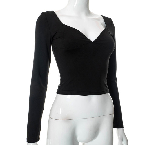 Fashion U-neck long sleeve sexy backless casual slim t-shirt