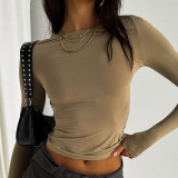 Solid round neck long sleeve basic T-shirt top