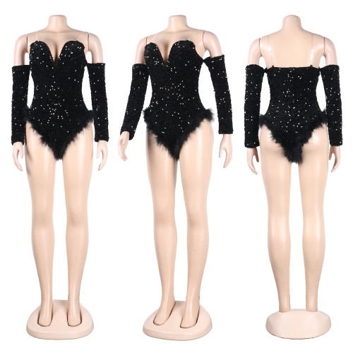 Sexy European and American slim fitting feather beaded jumpsuit