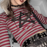Round neck pullover striped five pointed star short slim fashion long sleeve T-shirt
