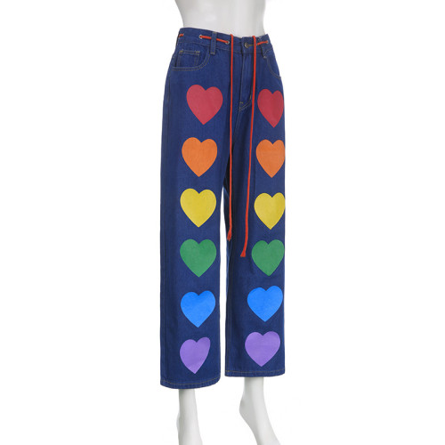 High waist tie loose small fresh heart print contrast casual jeans