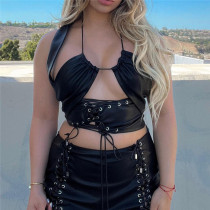 Women's fashion neckline sexy backless slim PU tank top