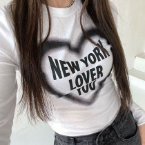 Women's round neck slim heart letter printing basic long sleeve bottoming top