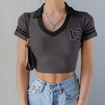 Digitally printed small V-neck contrast ultra short slim exposed navel short sleeve top