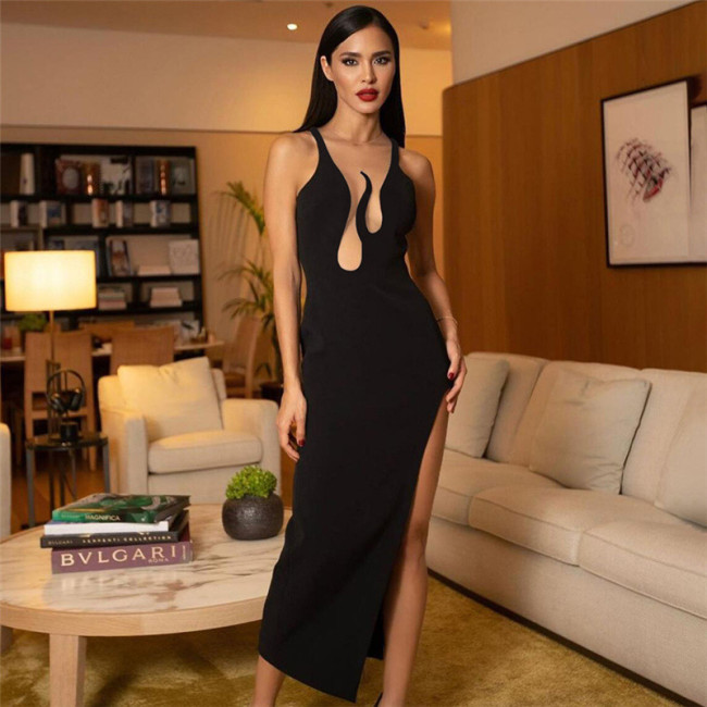 Women's fashion round neck sleeveless slim slit hip wrap temperament dress