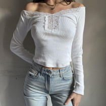Women's perspective splicing lace big neckline V-neck knitting slim short sleeved T-shirt