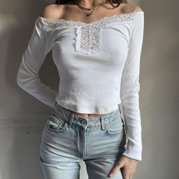 Women's perspective splicing lace big neckline V-neck knitting slim short sleeved T-shirt
