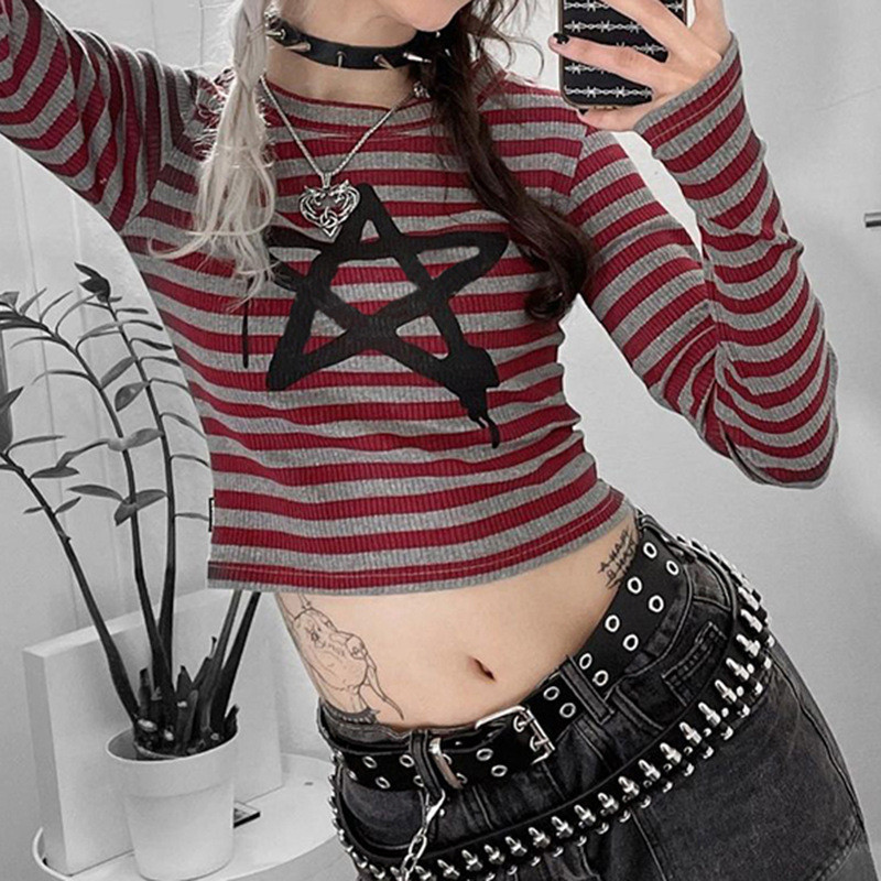 Round neck pullover striped five pointed star short slim fashion long sleeve T-shirt