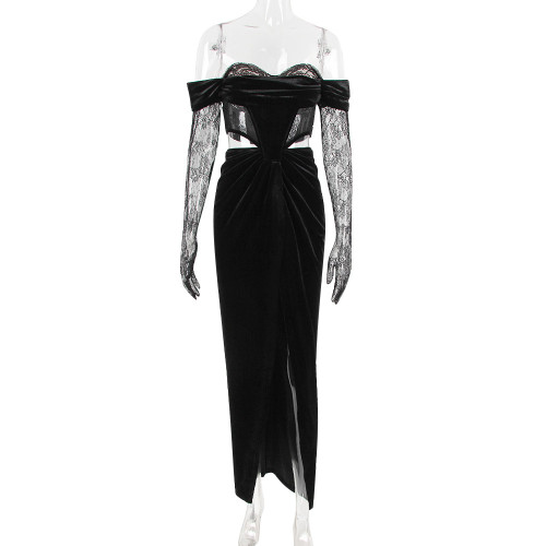 Women's off shoulder lace long sleeve gold velvet dress sexy open waist evening dress