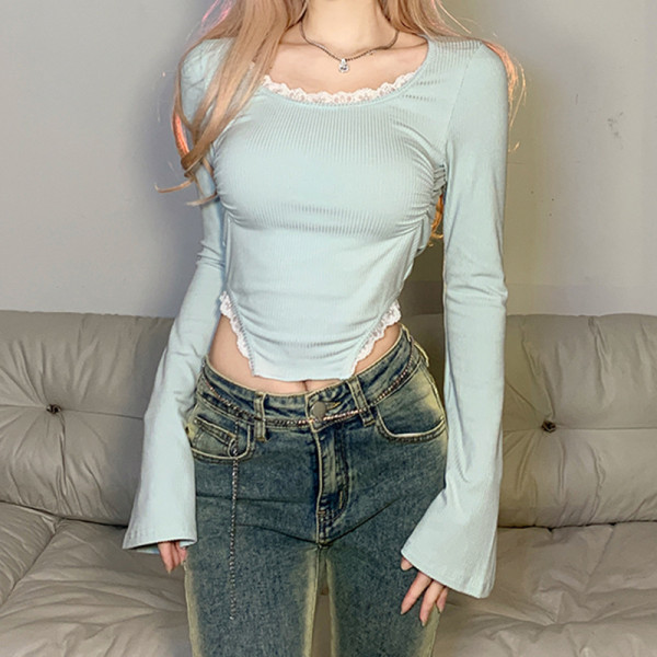 Irregular hem micro flare sleeve waist lace pleat thin knit top