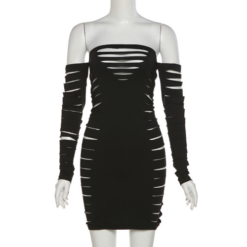 Women's fashion one shoulder sexy hollow slim bag bottom dress