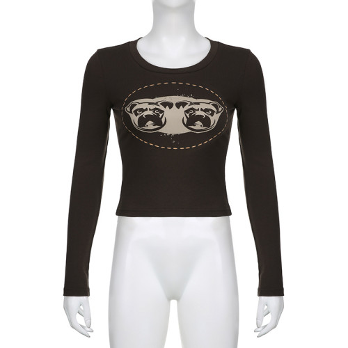 Round Neck Pullover Color Contrast Print Fashion Casual Simple Style Long Sleeve Top