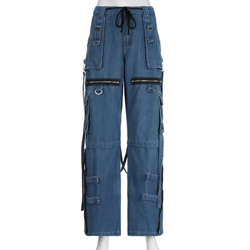 Contrast Lace up Strap Metal Buckle Zipper Street Wide Leg Jeans