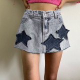 Five pointed star patch design high waist denim short skirt Spice girl versatile westernized skirt