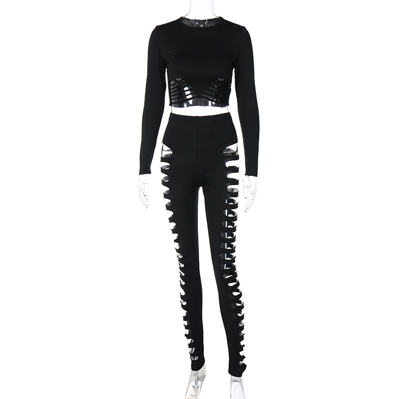 Sexy hollow round neck long sleeve top slim leggings suit