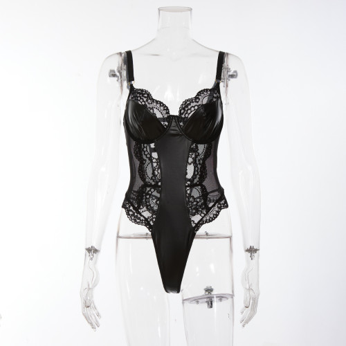 Sexy Spice Girl Leather Lace Hollow out Funny Women's Bodysuit
