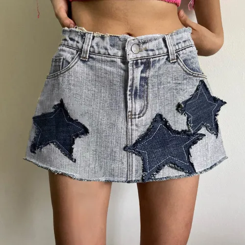 Five pointed star patch design high waist denim short skirt Spice girl versatile westernized skirt