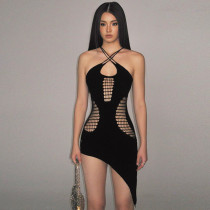 Fashion sexy backless slim cut out solid suspender dress