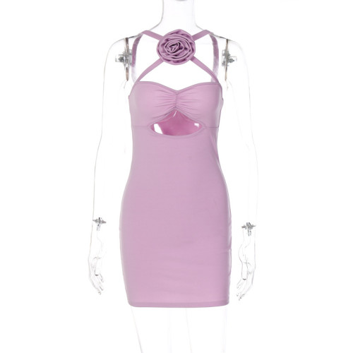 Floral sexy hollow out suspender hip wrap dress
