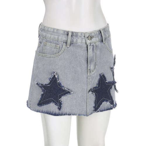 Five pointed star patch design high waist denim short skirt Spice girl versatile westernized skirt