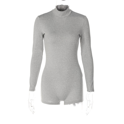 Solid bottomed high collar long sleeve slim fit exercise body-building jumpsuit