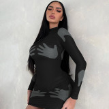 Fashion printed slim fitting high neck long sleeve hip wrap dress