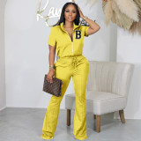 Short sleeve zipper letter top suit flared trousers casual two-piece set