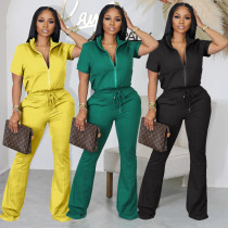 Short sleeve zipper top suit flare pants casual two-piece set