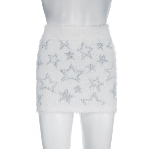 Tassel plush star print waist skirt Autumn and winter sweet girls wear wool short skirt