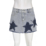Five pointed star patch design high waist denim short skirt Spice girl versatile westernized skirt