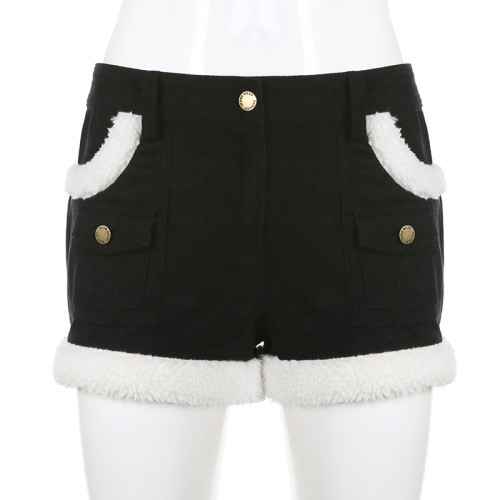 Corduroy plush pocket splicing stereoscopic shorts High waist lazy slim casual pants