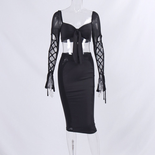 Fashion suit skirt sexy mesh splicing hollow top hip skirt suit two-piece set