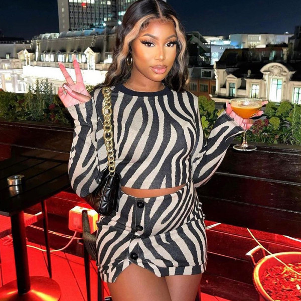 Zebra Fashion Print Open Navel Top Long Sleeve Half Dress Button Up Set