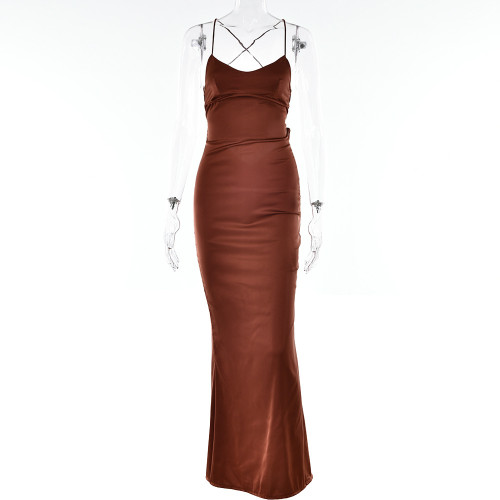 Women's sexy suspender satin dress Autumn new fashion backless strap waist long skirt