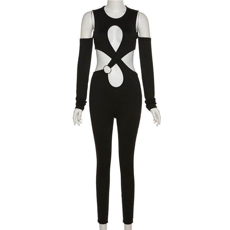 Women's fashion street trendsetter hollow out splicing tight jumpsuit