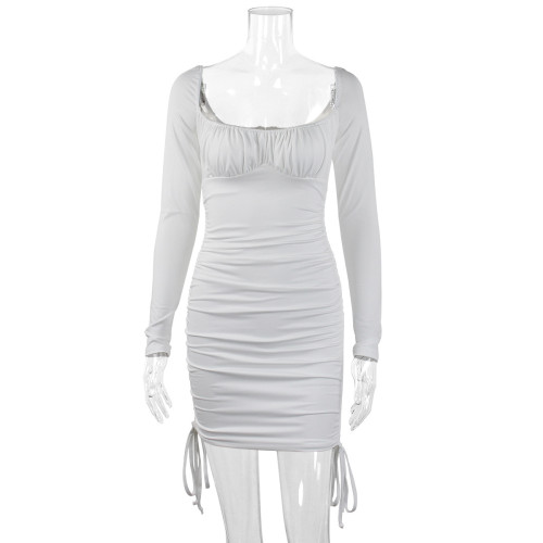 Sexy square neck long sleeve dress Autumn and winter new cut out hip wrap skirt