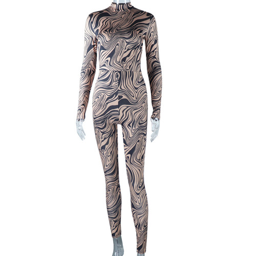 Fashion Irregular Retro Print Tight Long Sleeve Sports Casual Jumpsuit