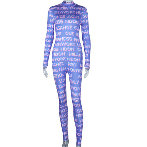 Fashion English Letter Printing Long Sleeve Pants Sports Jumpsuit