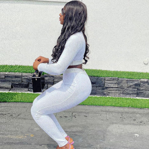 Skinny Fashion Solid Color Open Chest and Umbilical Long Sleeve Top Pants Sportsuit