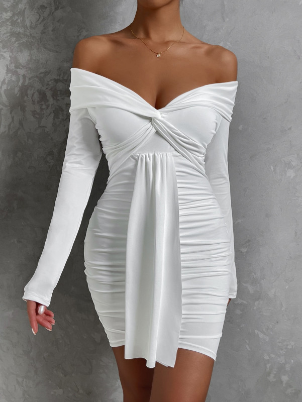 Pleated dress with ribbon sexy V-neck off shoulder long sleeve dress hollowed out