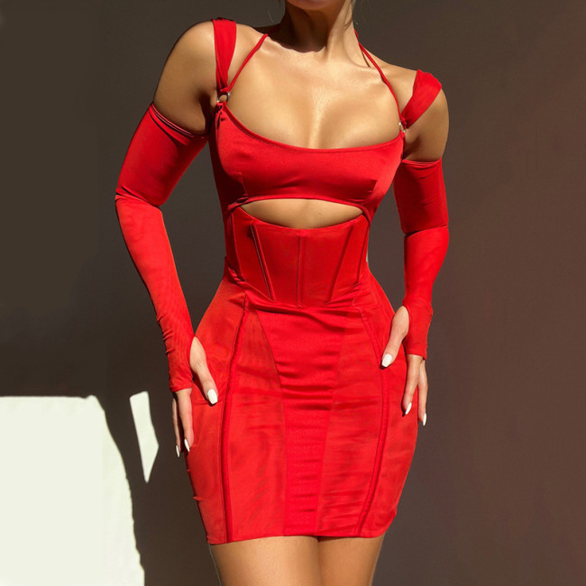 Sexy suspender tight dress fashion backless perspective long sleeve hip wrap skirt